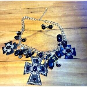 Western Black Large Cross Pendant with Charms Necklace with Earrings